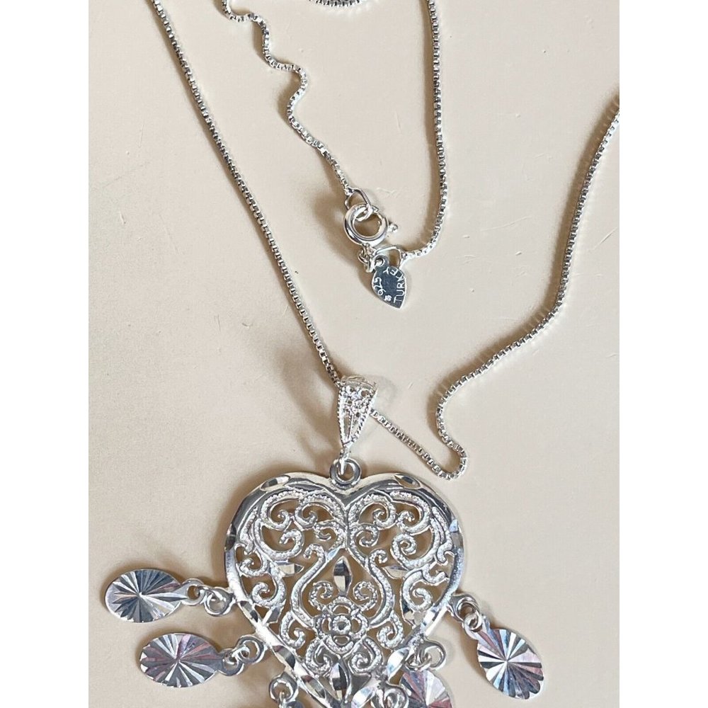 Valentine Dangling Heart Sterling Filigree Necklace 925 Turkey 16" - Picture 13 of 15